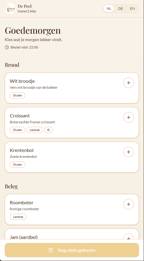 Ontbijtlijst gastenpagina op telefoon