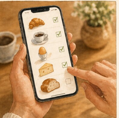 Een telefoon toont het ontbijtmenu met croissant, koffie en ei