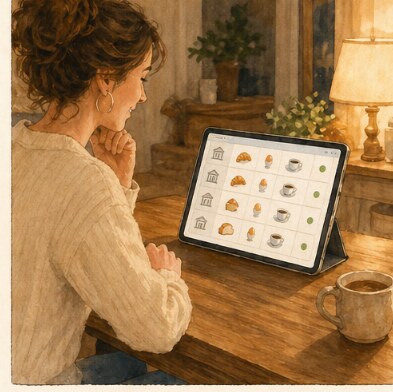 De B&B-eigenaresse bekijkt het besteloverzicht op een tablet