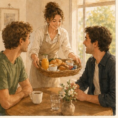 Een persoonlijk ontbijt wordt geserveerd aan twee gasten aan tafel