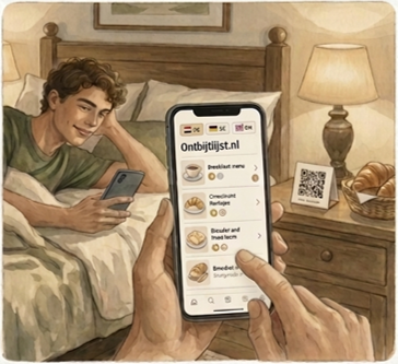 Een gast bekijkt het ontbijtmenu op zijn telefoon in bed